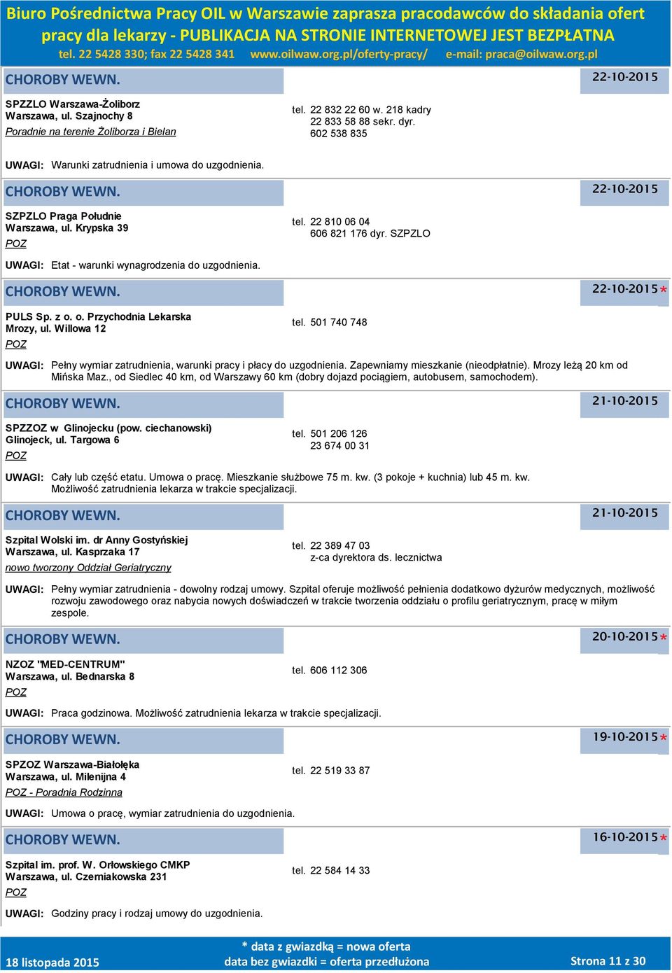 SZPZLO UWAGI: Etat - warunki wynagrodzenia do uzgodnienia. PULS Sp. z o. o. Przychodnia Lekarska Mrozy, ul. Willowa 12 tel.