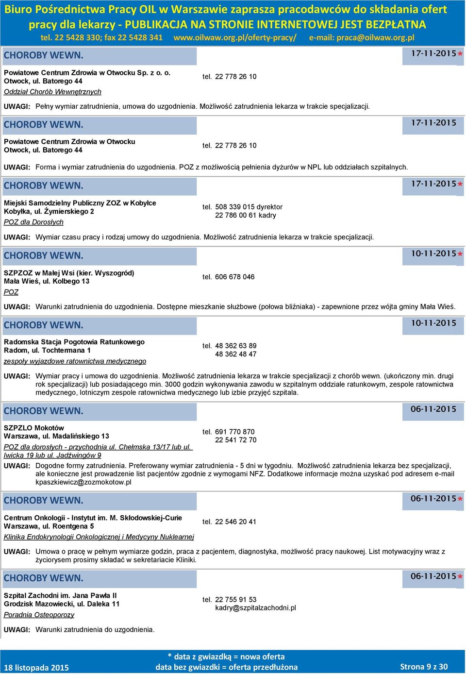 z możliwością pełnienia dyżurów w NPL lub oddziałach szpitalnych. 17-11-2015 Miejski Samodzielny Publiczny ZOZ w Kobyłce Kobyłka, ul. Żymierskiego 2 dla Dorosłych tel.