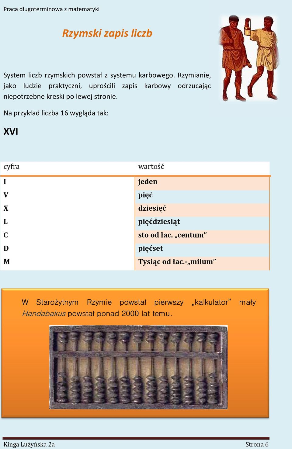 Na przykład liczba 16 wygląda tak: XVI cyfra I V X L C D M wartość jeden pięć dziesięć pięćdziesiąt sto od łac.