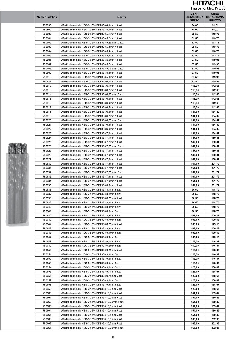 92,50 113,78 780603 Wiertło do metalu HSS-Co 5% DIN 338 5,3mm 10 szt. 92,50 113,78 780604 Wiertło do metalu HSS-Co 5% DIN 338 5,4mm 10 szt.