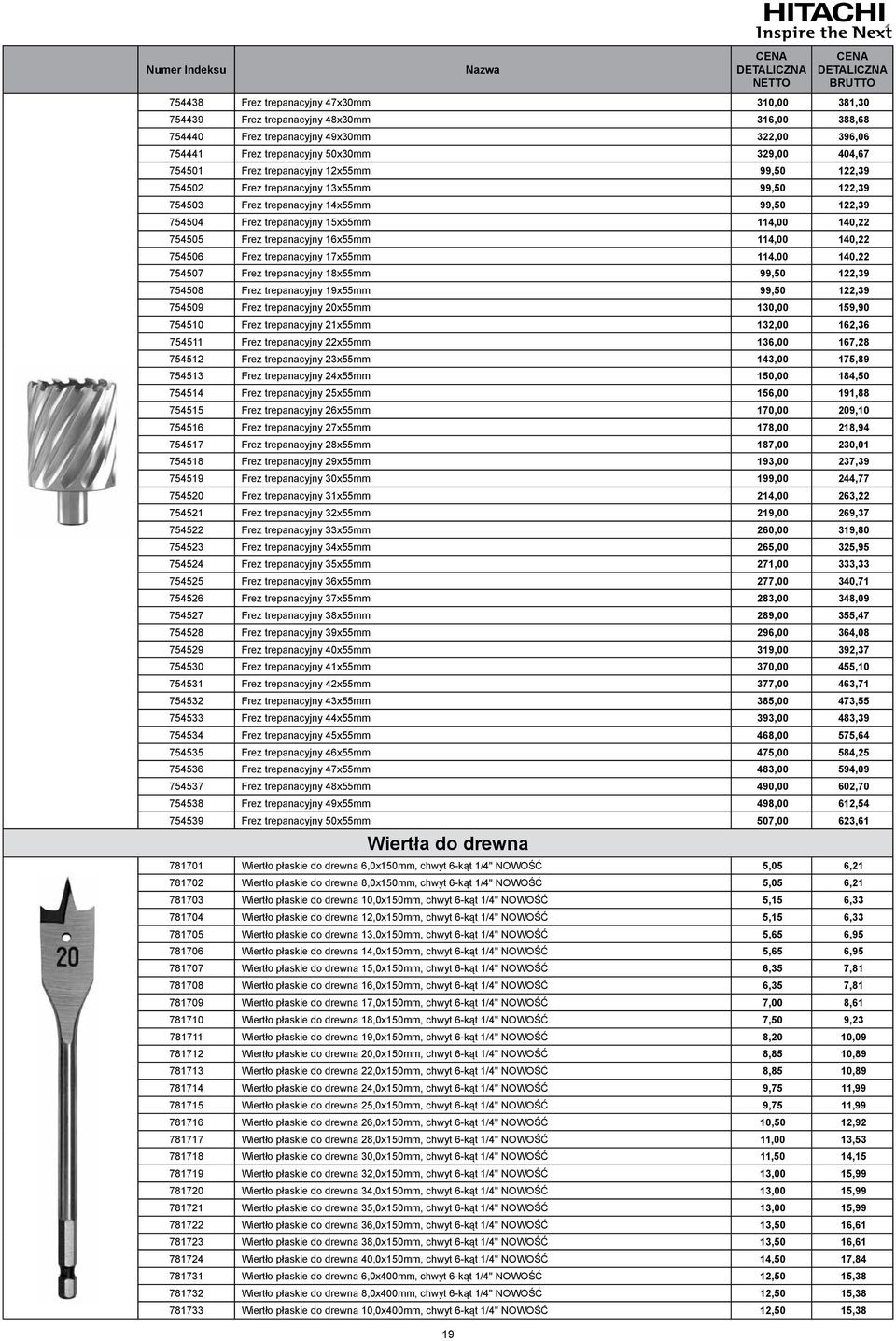 16x55mm 114,00 140,22 754506 Frez trepanacyjny 17x55mm 114,00 140,22 754507 Frez trepanacyjny 18x55mm 99,50 122,39 754508 Frez trepanacyjny 19x55mm 99,50 122,39 754509 Frez trepanacyjny 20x55mm