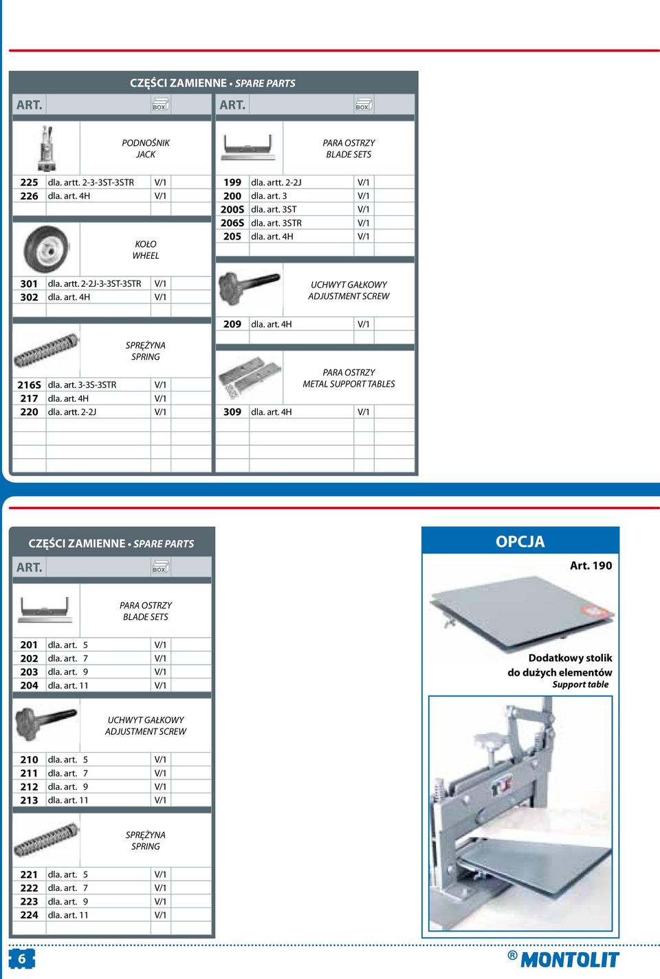 artt. 2-2J V/1 PARA OSTRZY METAL SUPPORT TABLES 309 dla. art. 4H V/1 CZĘŚCI ZAMIENNE SPARE PARTS OPCJA Art. 190 PARA OSTRZY BLADE SETS 201 dla. art. 5 V/1 202 dla. art. 7 V/1 203 dla. art. 9 V/1 204 dla.