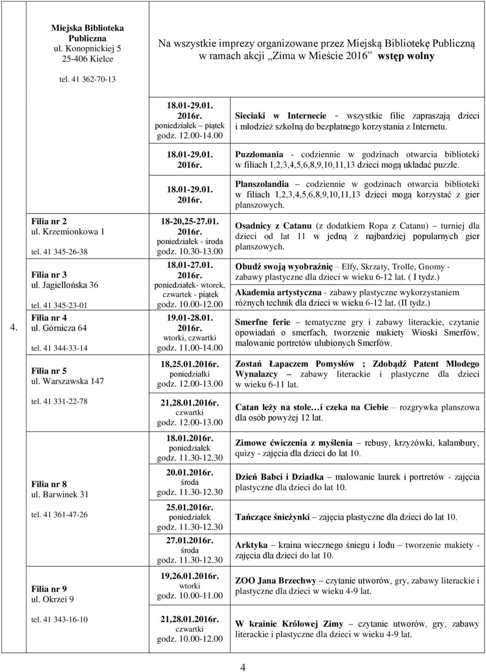 18.01-29.01. Planszolandia codziennie w godzinach otwarcia biblioteki w filiach 1,2,3,4,5,6,8,9,10,11,13 dzieci mogą korzystać z gier planszowych. Filia nr 2 ul. Krzemionkowa 1 tel.