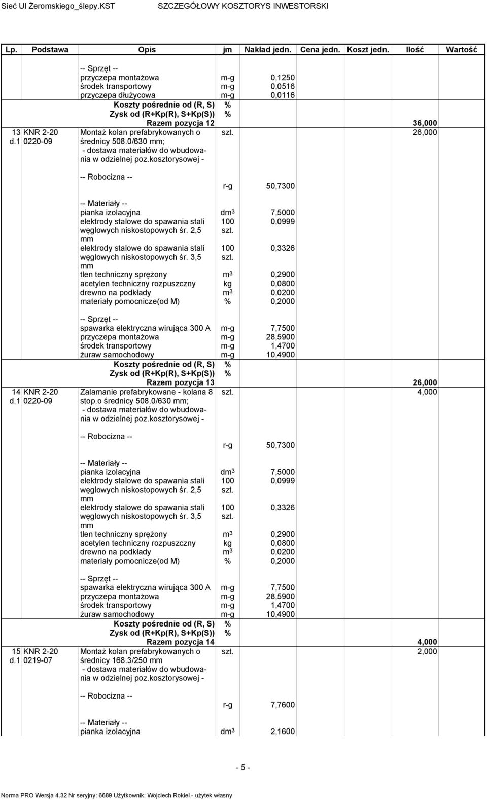 0/630 ; Razem pozycja 12 36,000 26,000 r-g 50,7300 pianka izolacyjna dm 3 7,5000 węglowych niskostopowych śr. 2,5 0,0999 węglowych niskostopowych śr.