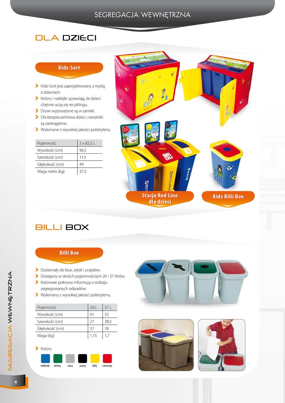 3 x 82,5 L Wysokość (cm) 96,5 Szerokość (cm) 113 Głębokość (cm) 49 Waga netto (kg) 37,5 Stacja Red Line dla dzieci Kidz Billi Box BILLI BOX Billi Box SEGREGACJA WEWNĘTRZNA Z Doskonały do biur,