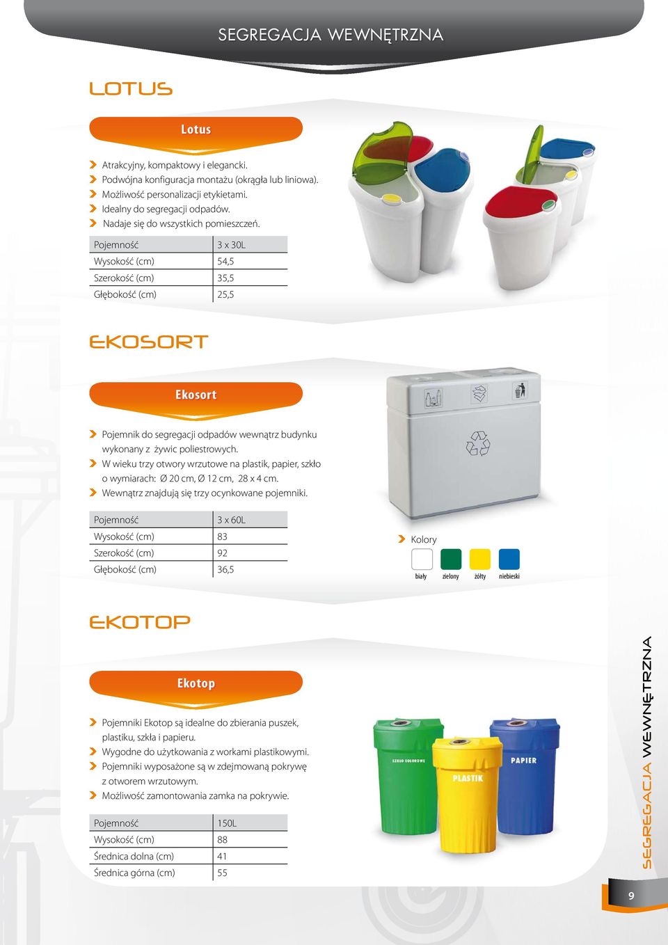 W wieku trzy otwory wrzutowe na plastik, papier, szkło o wymiarach: Ø 20 cm, Ø 12 cm, 28 x 4 cm. Wewnątrz znajdują się trzy ocynkowane pojemniki.