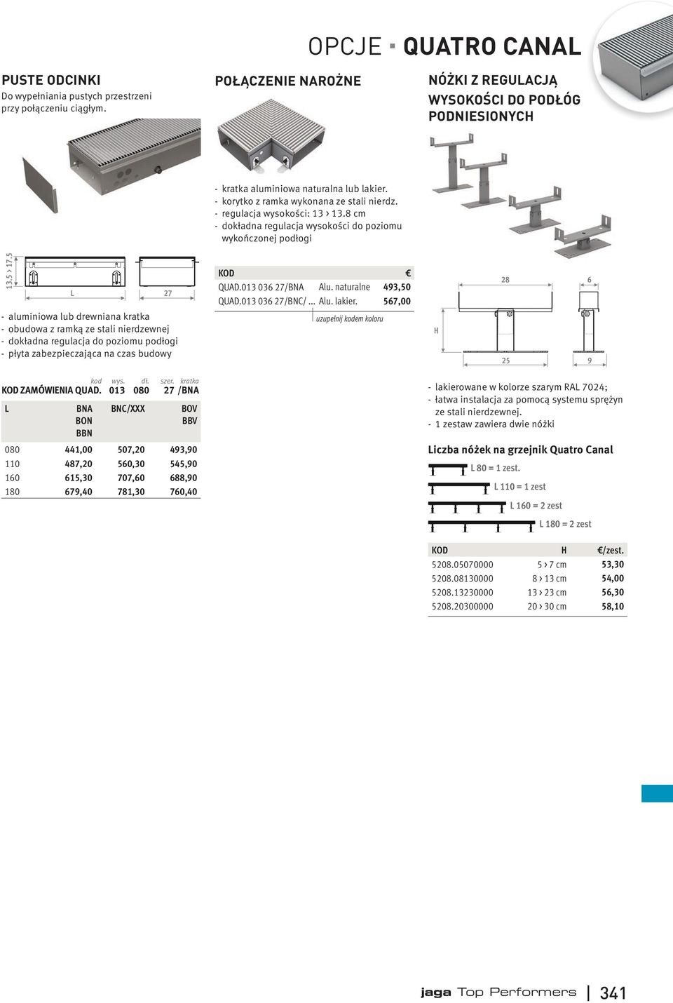 8 cm - dokładna regulacja wysokości do poziomu wykończonej podłogi 13.5 > 17.5 27 KOD QUAD.013 036 27/BNA Alu. naturalne 493,50 QUAD.013 036 27/BNC/... Alu. lakier.