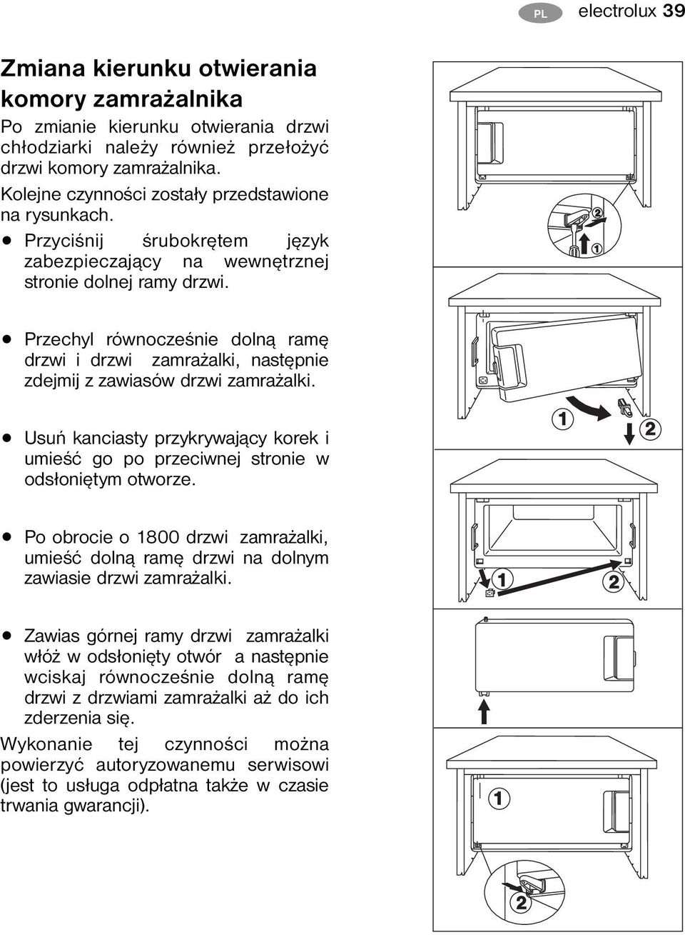 PL electrolux 39 Przechyl równocześnie dolną ramę drzwi i drzwi zamrażalki, następnie zdejmij z zawiasów drzwi zamrażalki.
