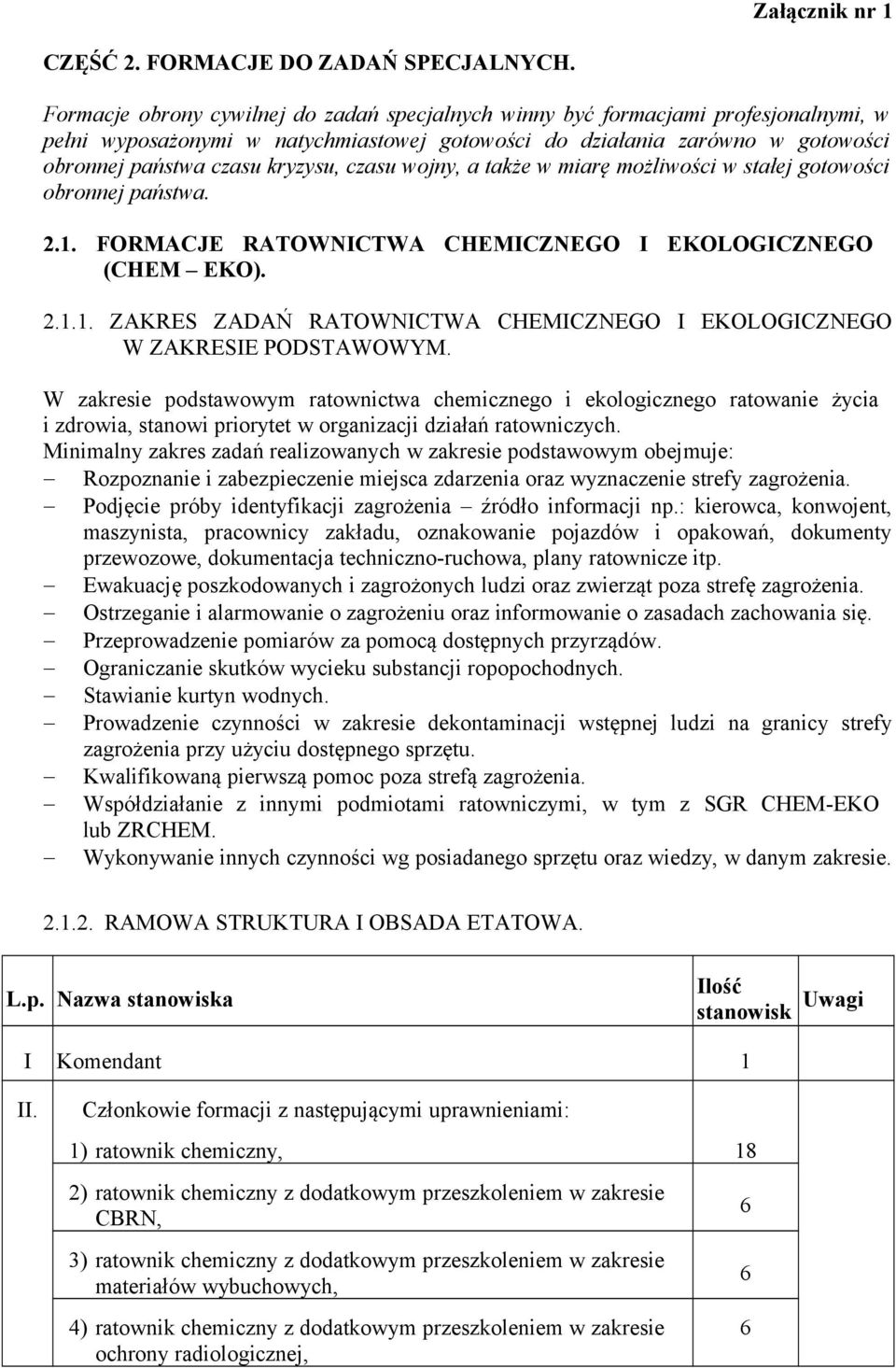 czasu wojny, a także w miarę możliwości w stałej gotowości obronnej państwa. 2.1. FORMACJE RATOWNICTWA CHEMICZNEGO I EKOLOGICZNEGO (CHEM EKO). 2.1.1. ZAKRES ZADAŃ RATOWNICTWA CHEMICZNEGO I EKOLOGICZNEGO W ZAKRESIE PODSTAWOWYM.