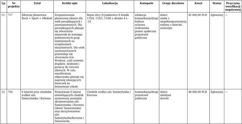 Workout, czyli systemu drążków, drabinek i poręczy do ćwiczeń siłowych. W celu umożliwienia odpoczynku planuje się naprawę istniejących ławeczek na betonowym cokole.