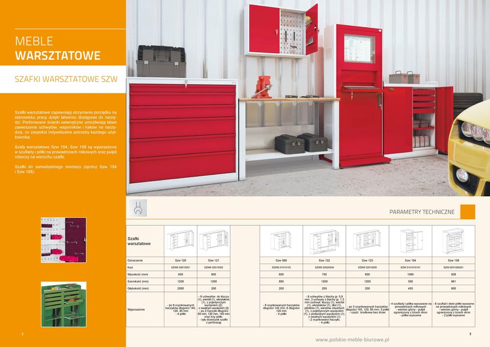 Szafy warsztatowe Szw 104, Szw 108 są wyposażone w szuflady i półki na prowadnicach rolkowych oraz pulpit roboczy na wierzchu szafki. Szafki do samodzielnego montażu (oprócz Szw 104 i Szw 108).