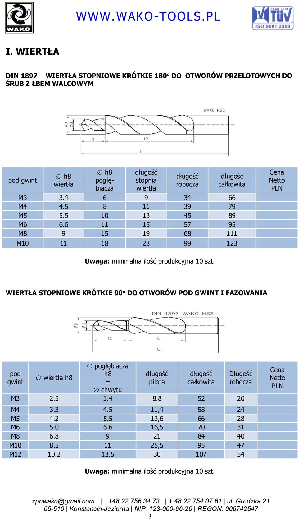 6 11 15 57 95 M8 9 15 19 68 111 M10 11 18 23 99 123 WIERTŁA STOPNIOWE KRÓTKIE 90 DO OTWORÓW POD GWINT I FAZOWANIA
