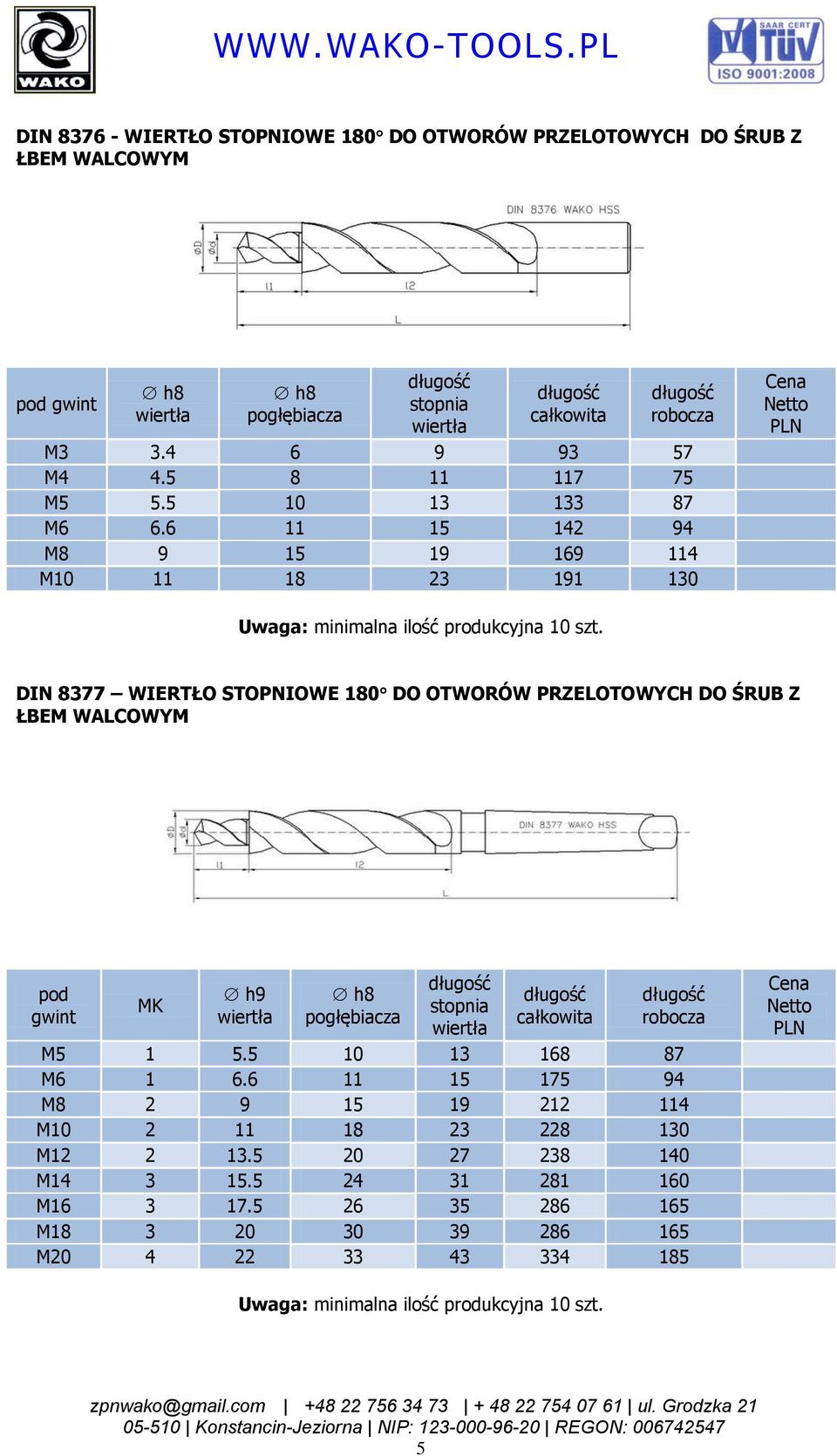 6 11 15 142 94 M8 9 15 19 169 114 M10 11 18 23 191 130 DIN 8377 WIERTŁO STOPNIOWE 180 DO OTWORÓW PRZELOTOWYCH DO ŚRUB Z