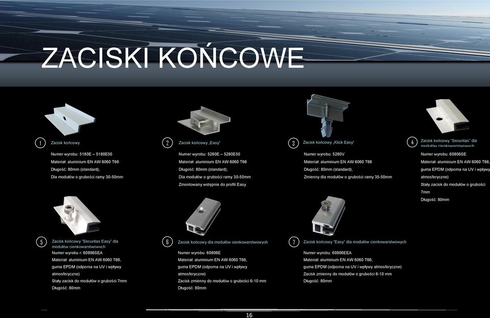 Zacisk końcowy Securitas dla modułów cienkowarstwowych Numer wyrobu: 60806SE, guma EPDM (odporna na UV i wpływy atmosferyczne) Stały zacisk do modułów o grubości 7mm Długość: 80mm 5 Zacisk końcowy