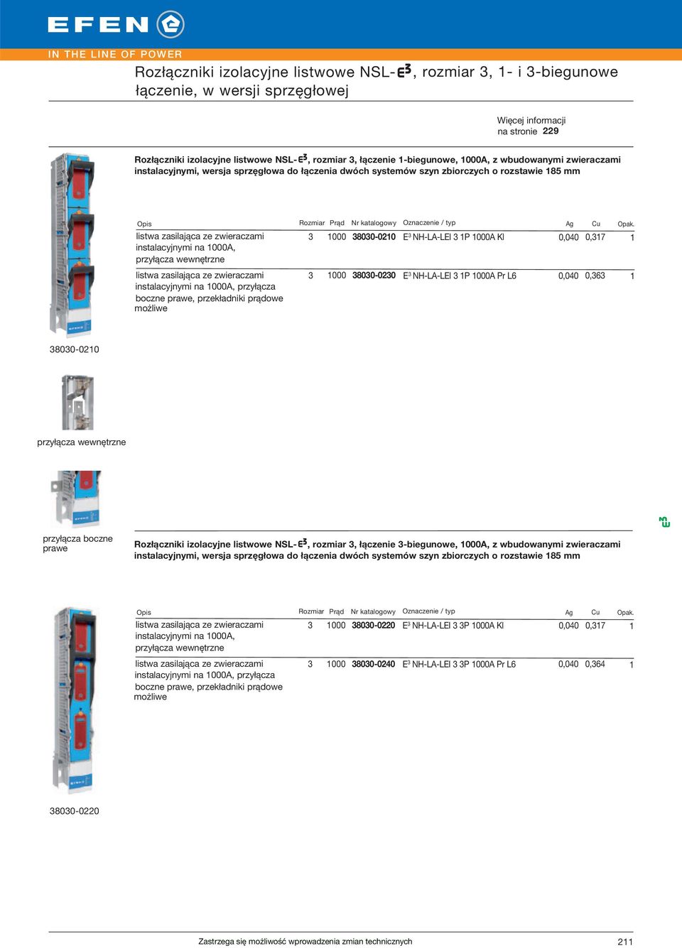 listwa zasilająca ze zwieraczami instalacyjnymi na 000A, przyłącza boczne prawe, przekładniki prądowe możliwe 000 800-00 E NH-LA-LEI P 000A Kl 0,040 0,7 000 800-00 E NH-LA-LEI P 000A Pr L6 0,040 0,6