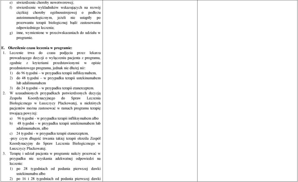 Leczenie trwa do czasu podjęcia przez lekarza prowadzącego decyzji o wyłączeniu pacjenta z programu, zgodnie z kryteriami przedstawionymi w opisie przedmiotowego programu, jednak nie dłużej niż: 1)