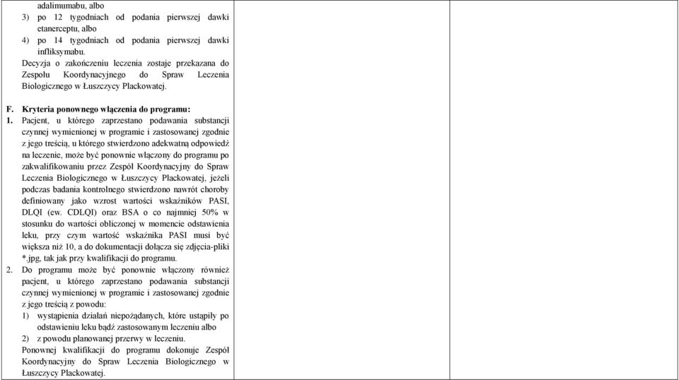 Pacjent, u którego zaprzestano podawania substancji czynnej wymienionej w programie i zastosowanej zgodnie z jego treścią, u którego stwierdzono adekwatną odpowiedź na leczenie, może być ponownie