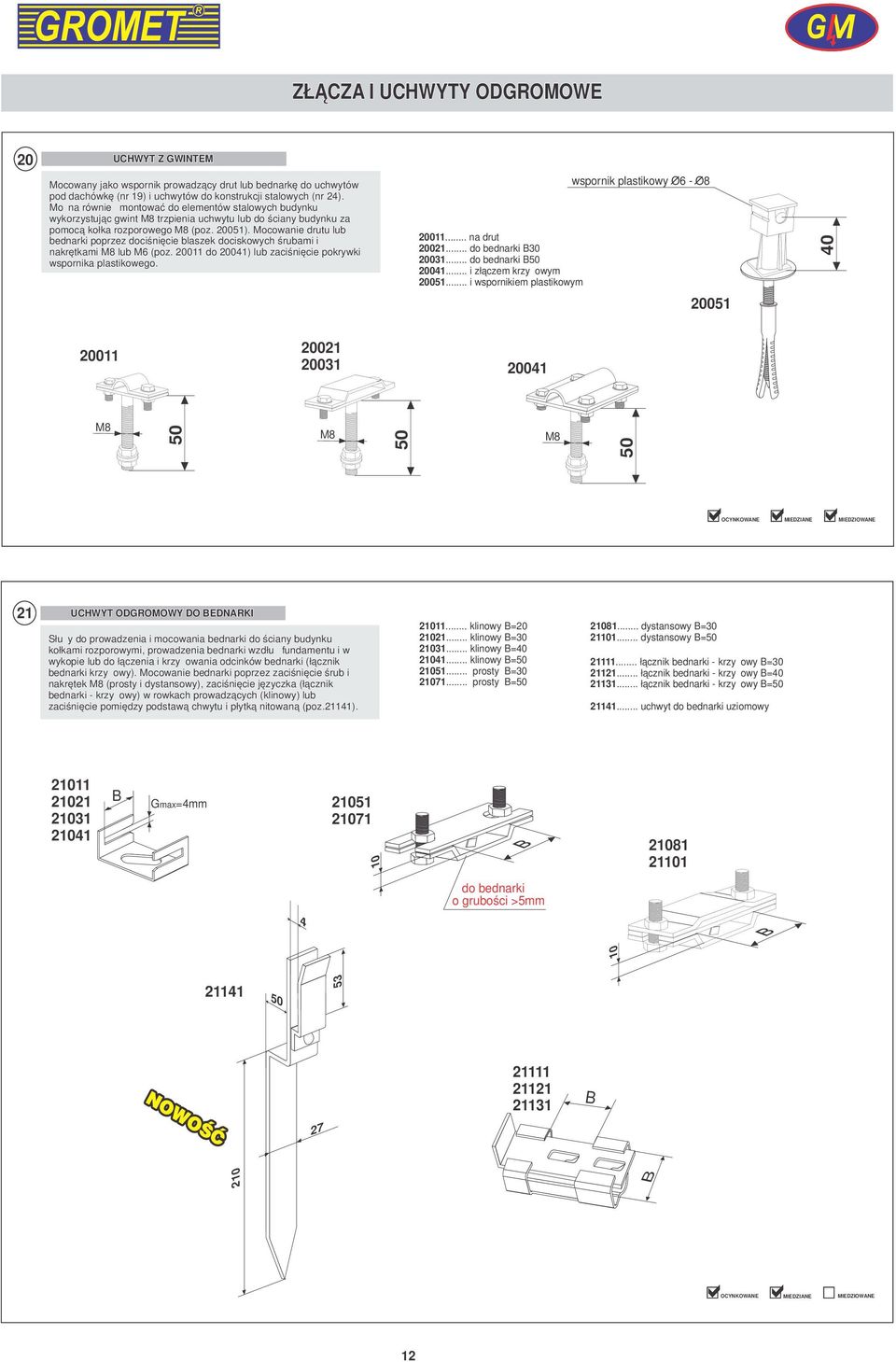 Mocowanie drutu lub bednarki poprzez dociśnięcie blaszek dociskowych śrubami i nakrętkami M8 lub M6 (poz. 20011 do 20041) lub zaciśnięcie pokrywki wspornika plastikowego. 20011... na drut 20021.