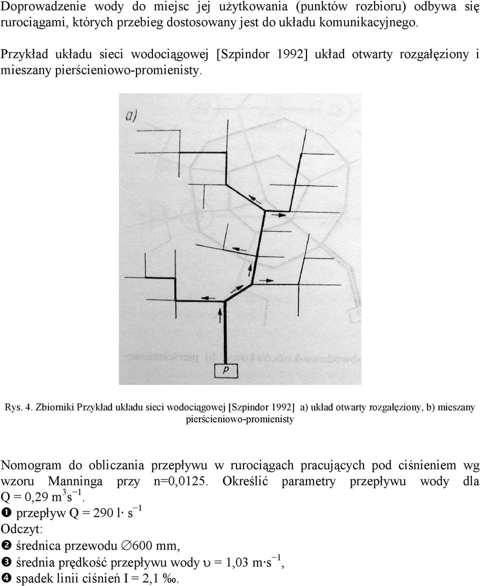 Zbiorniki Przykład układu sieci wodociągowej [Szpindor 1992] a) układ otwarty rozgałęziony, b) mieszany pierścieniowo-promienisty Nomogram do obliczania przepływu w rurociągach