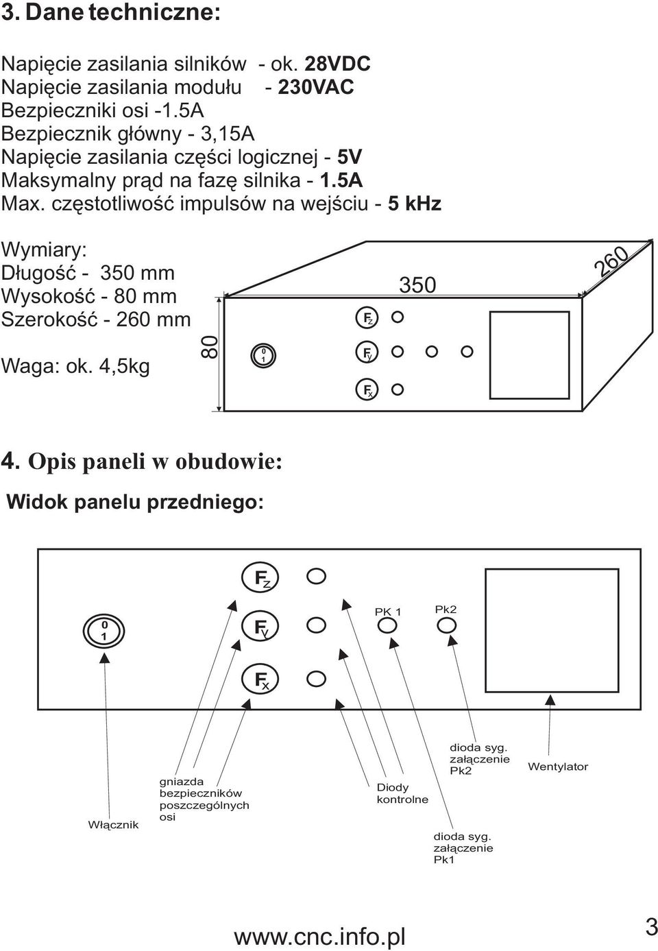 czêstotliwoœæ impulsów na wejœciu - 5 khz Wymiary: D³ugoœæ - 350 mm Wysokoœæ - 80 mm Szerokoœæ - 260 mm z 350 260 Waga: ok. 4,5kg 80 0 y x 4.