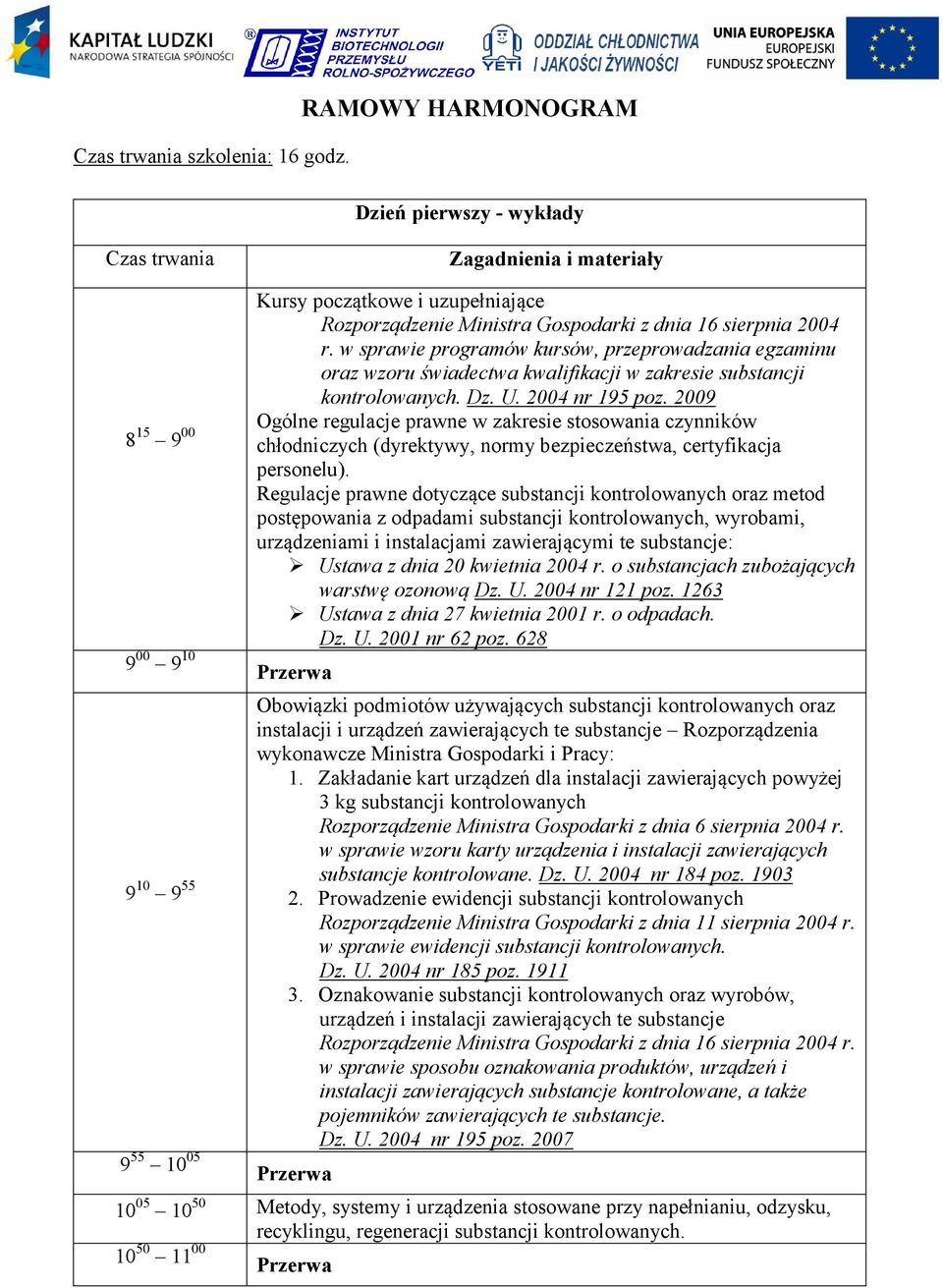 Gospodarki z dnia 16 sierpnia 2004 r. w sprawie programów kursów, przeprowadzania egzaminu oraz wzoru świadectwa kwalifikacji w zakresie substancji kontrolowanych. Dz. U. 2004 nr 195 poz.
