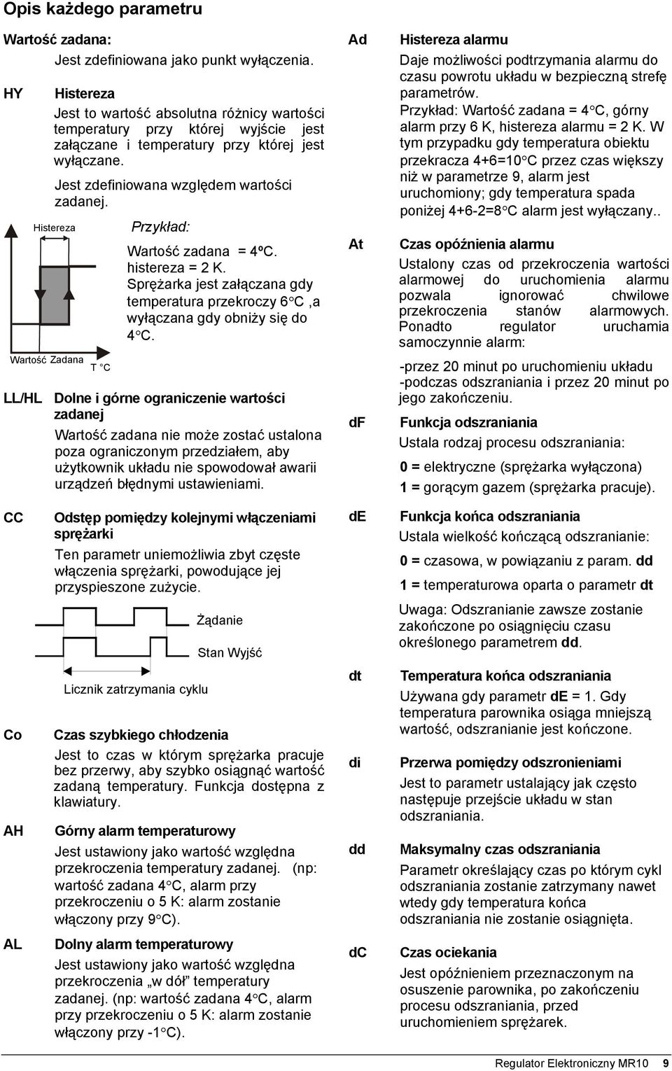 Przykład: Wartość zadana = 4ºC. histereza = 2 K. Sprężarka jest załączana gdy temperatura przekroczy 6 C,a wyłączana gdy obniży się do 4 C.