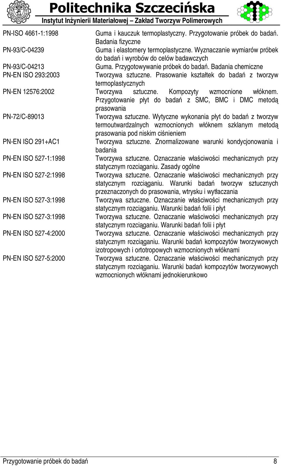 Badania chemiczne PN-EN ISO 293:2003 Tworzywa sztuczne. Prasowanie kształtek do badaø z tworzyw termoplastycznych PN-EN 12576:2002 Tworzywa sztuczne. Kompozyty wzmocnione włóknem.
