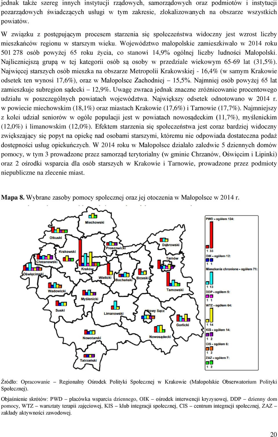 Województwo małopolskie zamieszkiwało w 2014 roku 501 278 osób powyżej 65 roku życia, co stanowi 14,9% ogólnej liczby ludności Małopolski.