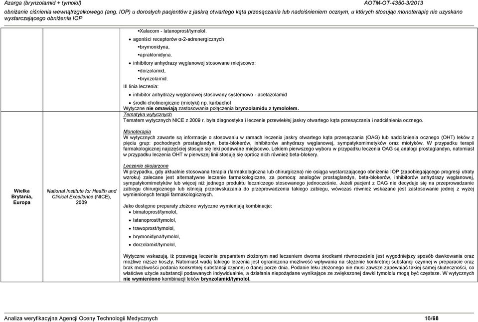 karbachol Wytyczne nie omawiają zastosowania połączenia brynzolamidu z tymololem. Tematyka wytycznych Tematem wytycznych NICE z 2009 r.