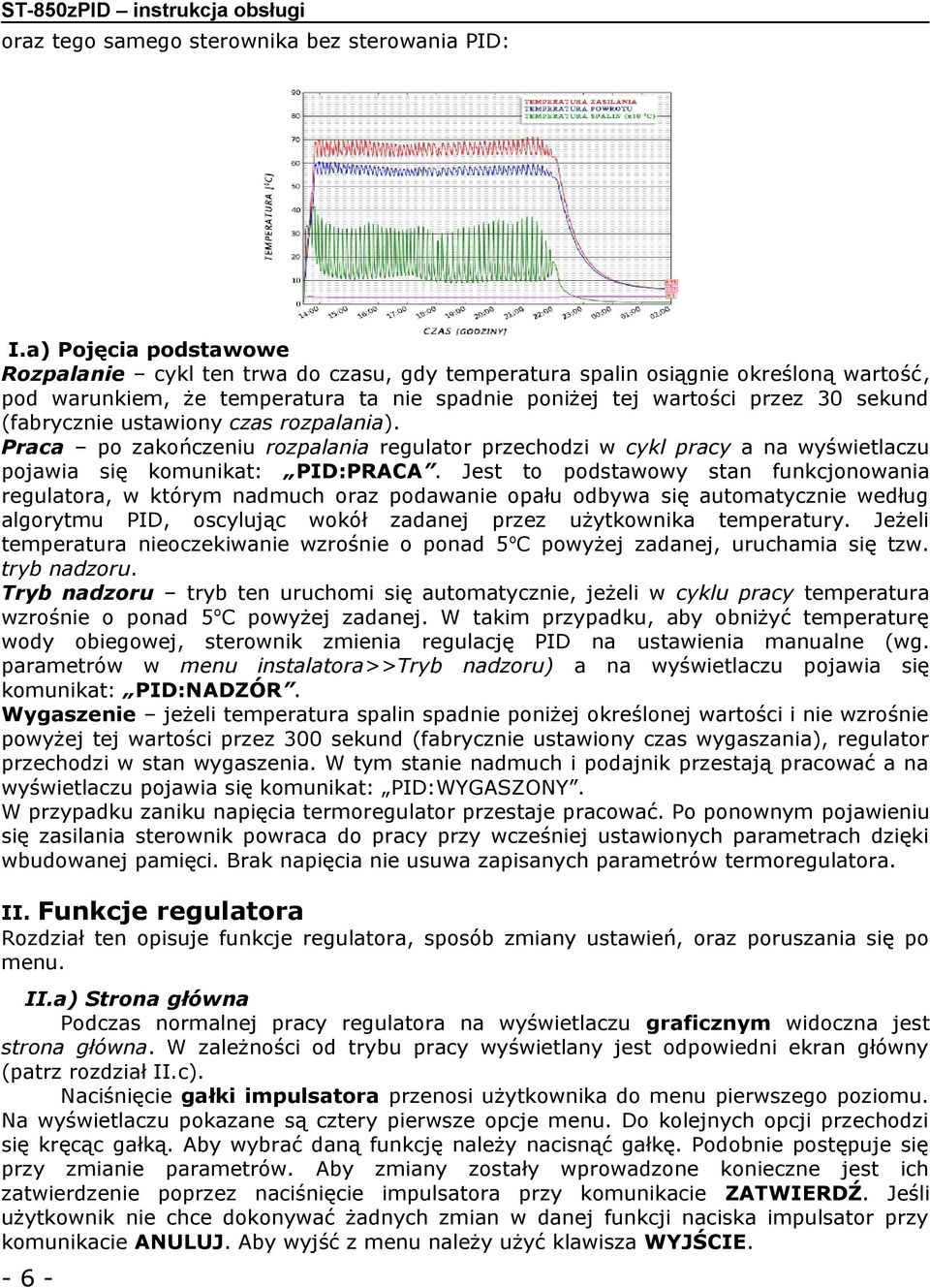 (fabrycznie ustawiony czas rozpalania). Praca po zakończeniu rozpalania regulator przechodzi w cykl pracy a na wyświetlaczu pojawia się komunikat: PID:PRACA.