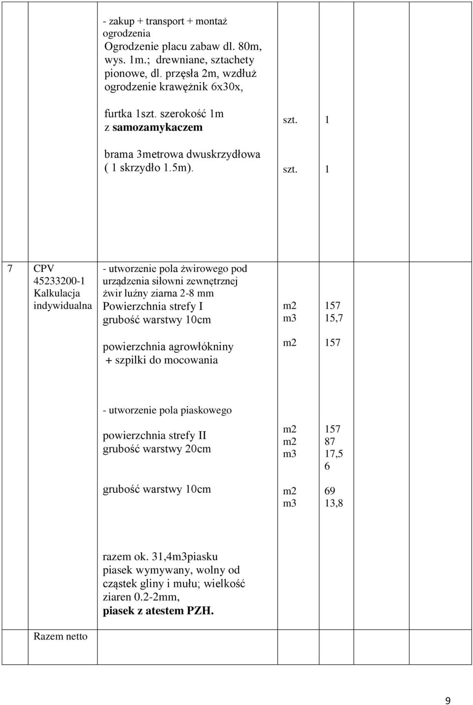 7 CPV 45233200- - utworzenie pola żwirowego pod urządzenia siłowni zewnętrznej żwir luźny ziarna 2-8 mm Powierzchnia strefy I grubość warstwy 0cm 57 5,7 powierzchnia
