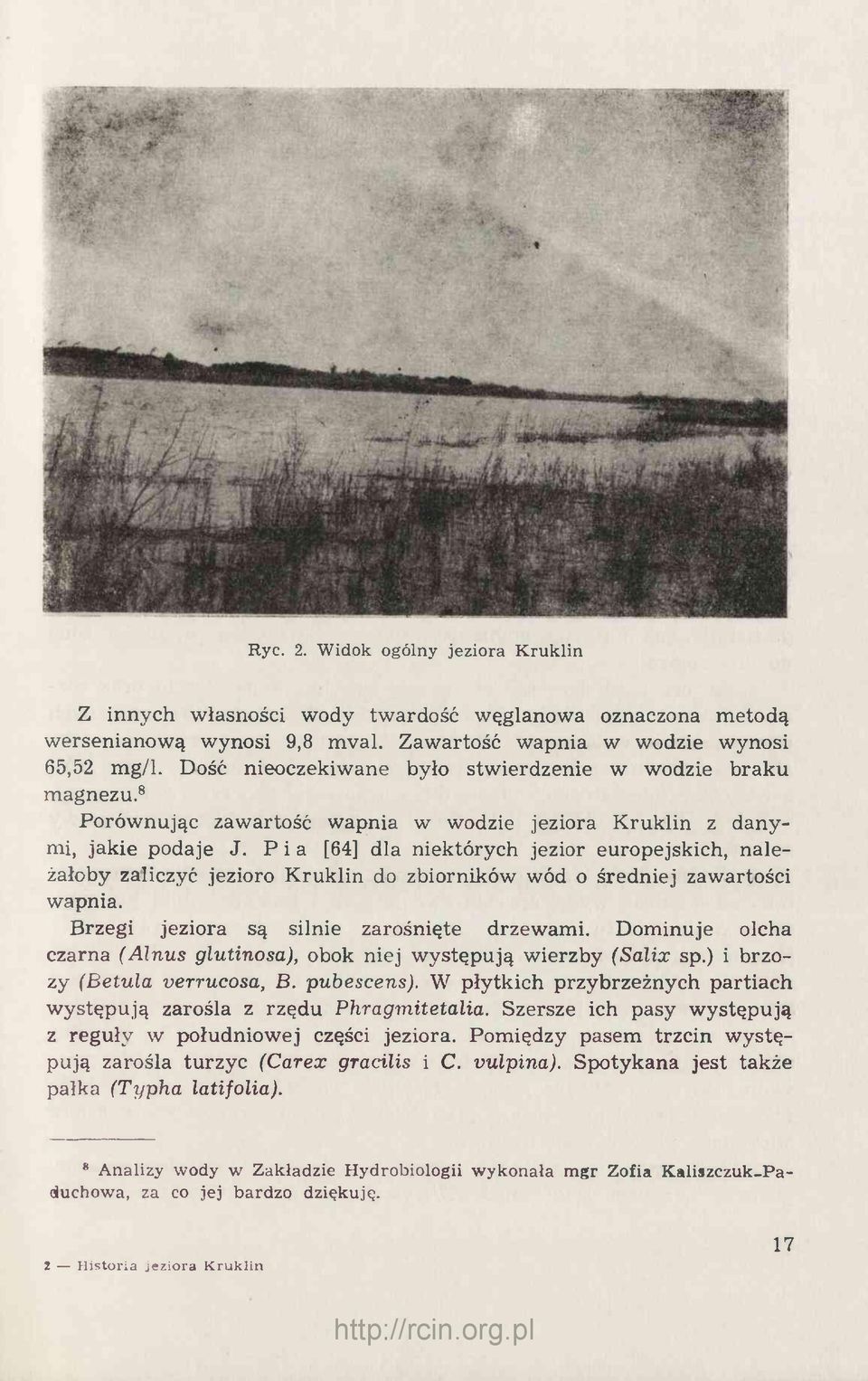 P i a [64] dla niektórych jezior europejskich, należałoby zaliczyć jezioro Kruklin do zbiorników wód o średniej zawartości wapnia. Brzegi jeziora są silnie zarośnięte drzewami.