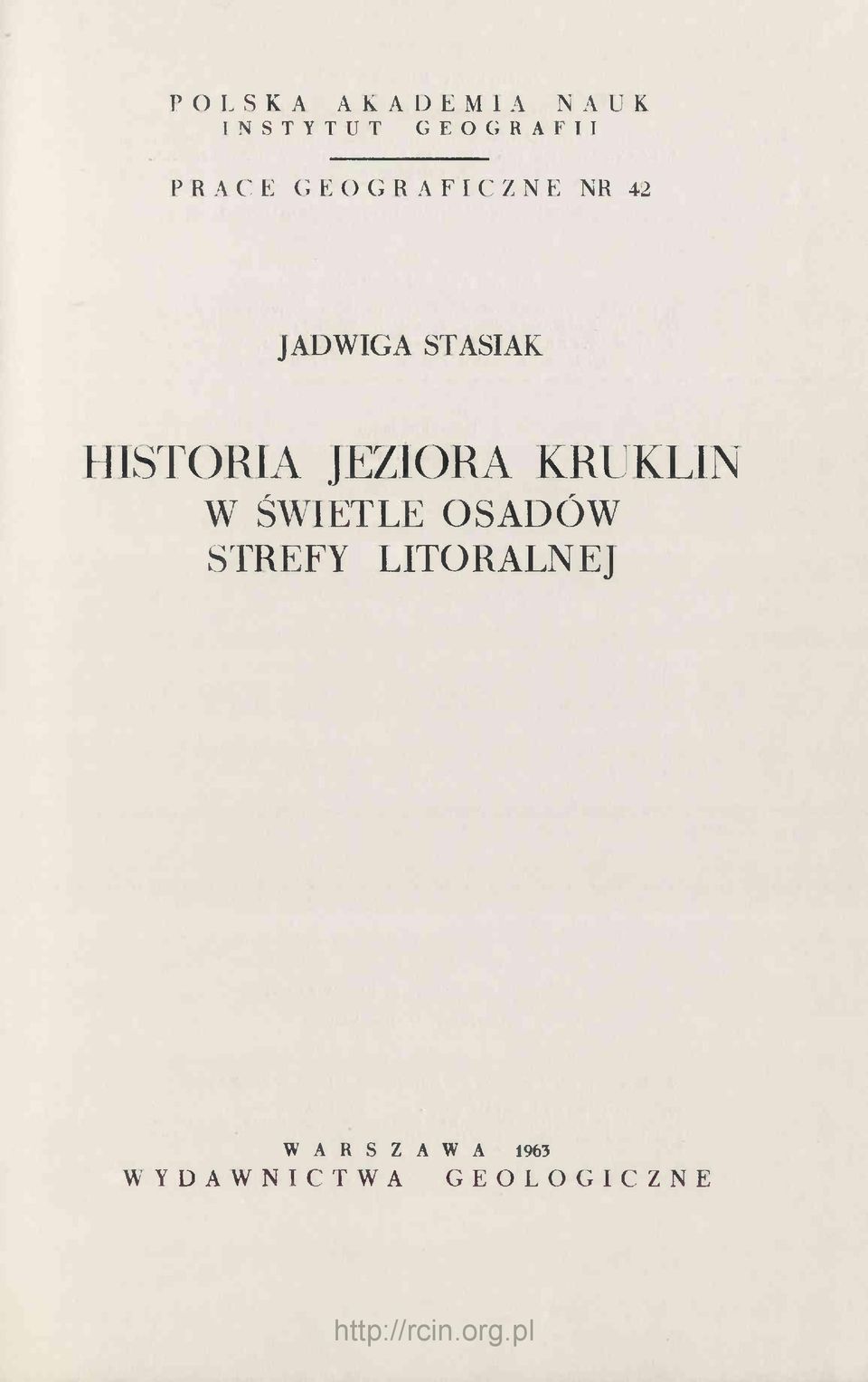 JADWIGA STASIAK HISTORIA JEZIORA KRUKLIN W ŚWIETLE