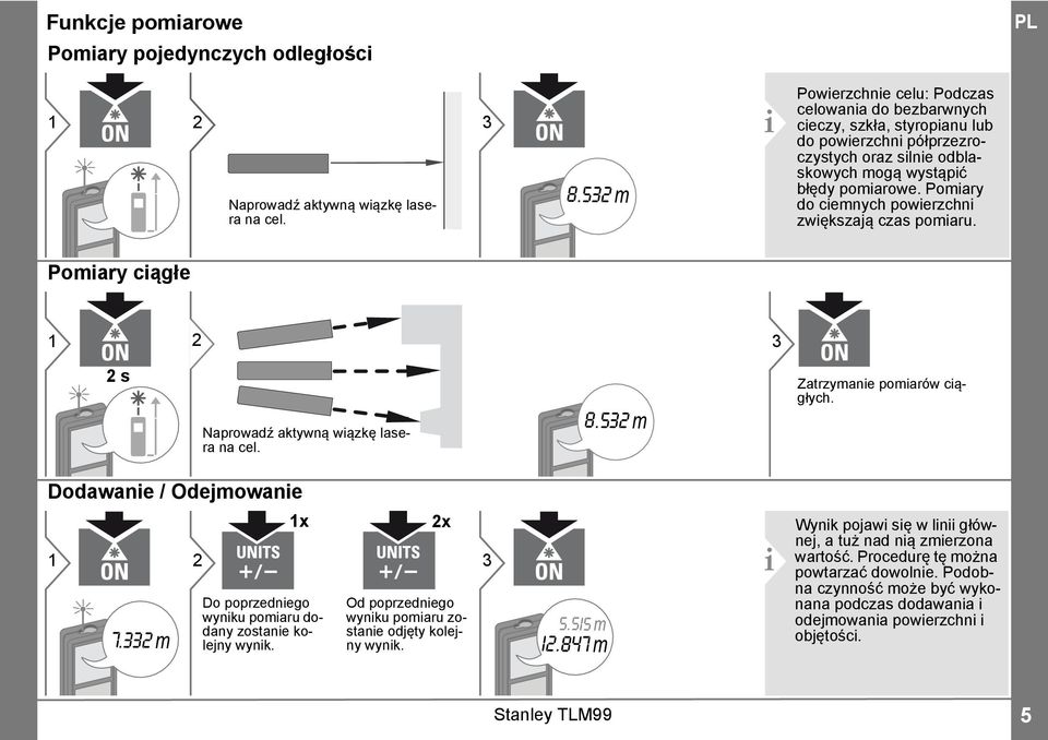 Pomiary do ciemnych powierzchni zwiększają czas pomiaru. Pomiary ciągłe 3 s Naprowadź aktywną wiązkę lasera na cel. 8.53 m Zatrzymanie pomiarów ciągłych. Dodawanie / Odejmowanie 7.