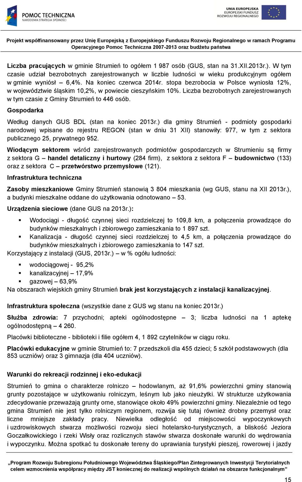 stopa bezrobocia w Polsce wyniosła 12%, w województwie śląskim 10,2%, w powiecie cieszyńskim 10%. Liczba bezrobotnych zarejestrowanych w tym czasie z Gminy Strumień to 446 osób.