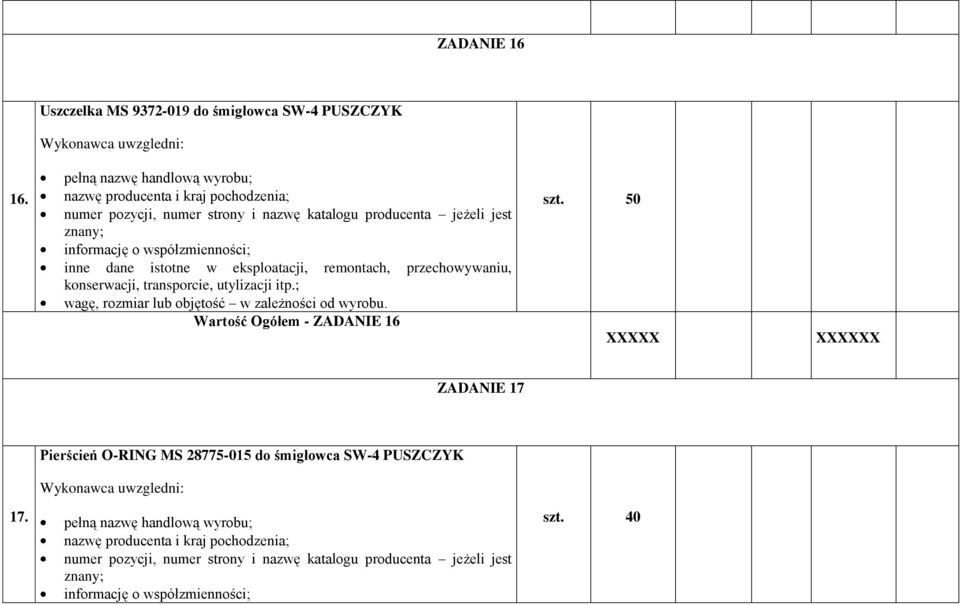 Wartość Ogółem - ZADANIE 16 szt.