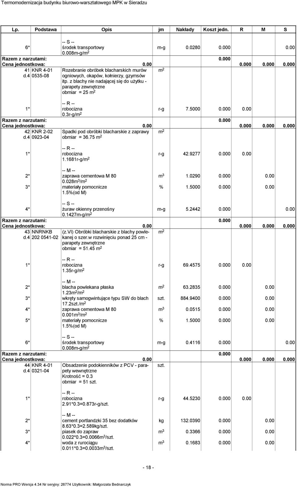 9277 0.000 0.00 3 1.0290 0.000 0.00 2* zaprawa ceentowa M 80 0.028 3 / 3* ateriały poocnicze 4* żuraw okienny przenośny -g 5.2442 0.000 0.00 0.1427-g/ 43 d.4 NNRNKB 202 0541-02 (z.