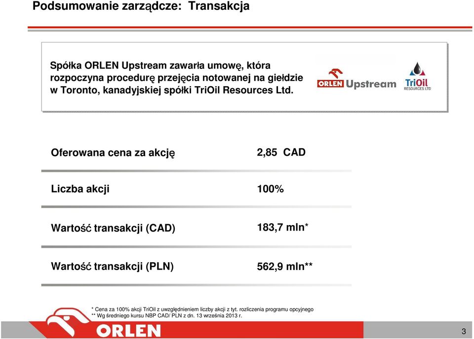 Oferowana cena za akcję 2,85 CAD Liczba akcji 100% Wartość transakcji (CAD) 183,7 mln* Wartość transakcji (PLN)