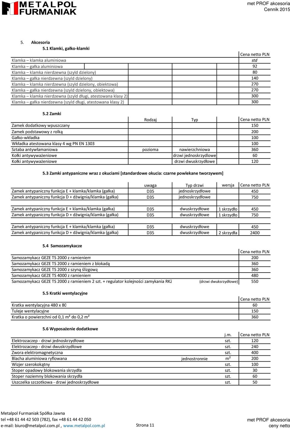 (szyld dzielony, obiektowa) 270 Klamka gałka nierdzewna (szyld dzielony, obiektowa) 270 Klamka klamka nierdzewna (szyld długi, atestowana klasy 2) 300 Klamka gałka nierdzewna (szyld długi, atestowana