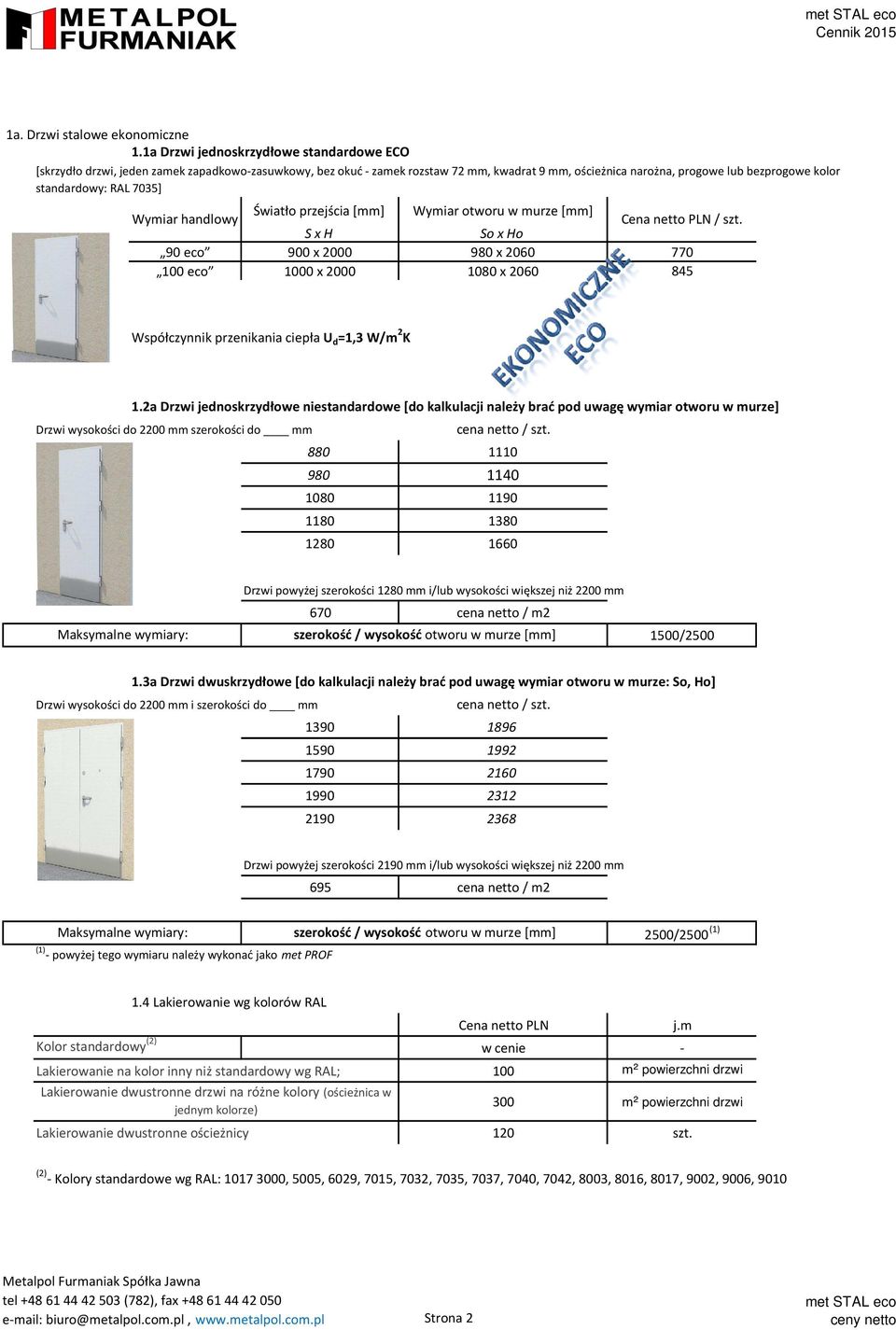 RAL 7035] Wymiar handlowy Światło przejścia [mm] Wymiar otworu w murze [mm] / szt.