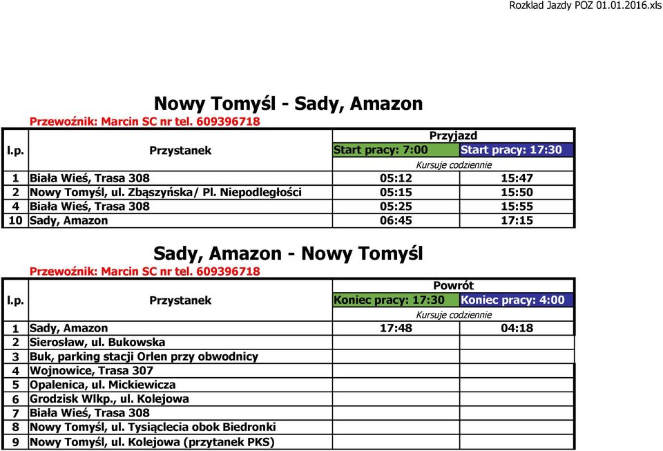 Koniec pracy: 4:00 1 Sady, Amazon 2 Sierosław, ul. Bukowska 3 Buk, parking stacji Orlen przy obwodnicy 4 Wojnowice, Trasa 307 5 Opalenica, ul.