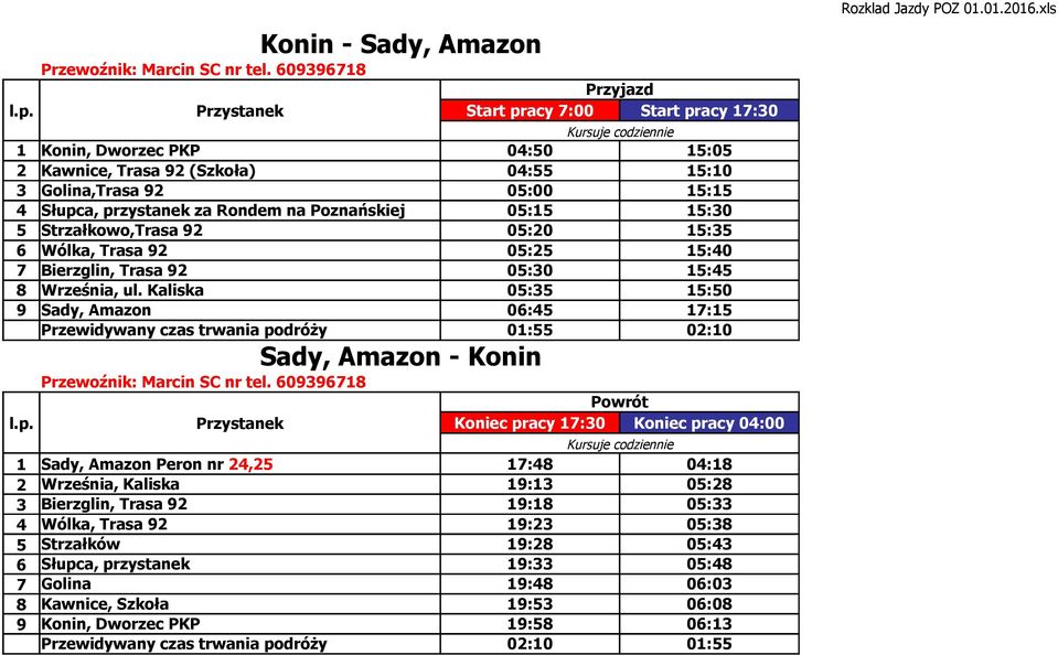 Kaliska 05:35 15:50 9 Sady, Amazon 06:45 17:15 Przewidywany czas trwania podróży 01:55 02:10 Sady, Amazon - Konin 1 Sady, Amazon Peron nr 24,25 2 Września, Kaliska 19:13 05:28 3