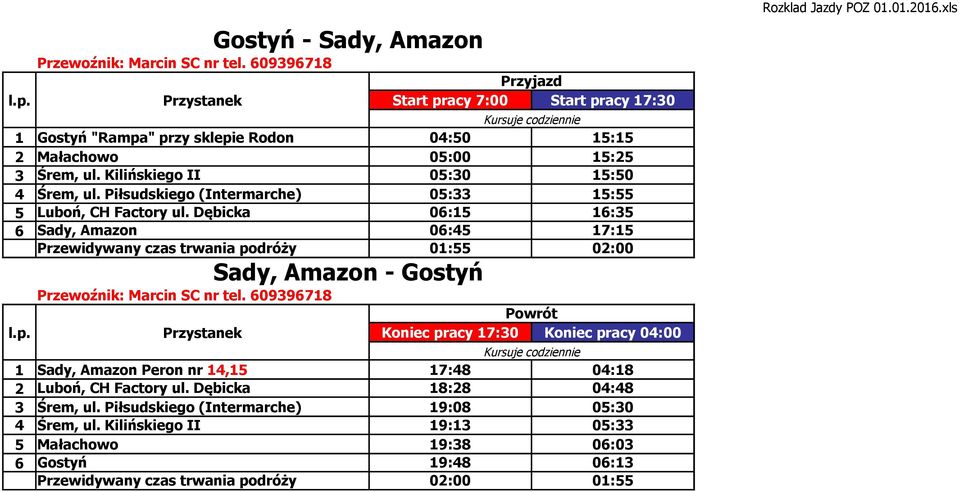 Dębicka 06:15 16:35 6 Sady, Amazon 06:45 17:15 Przewidywany czas trwania podróży 01:55 02:00 Sady, Amazon - Gostyń 1 Sady, Amazon Peron nr 14,15