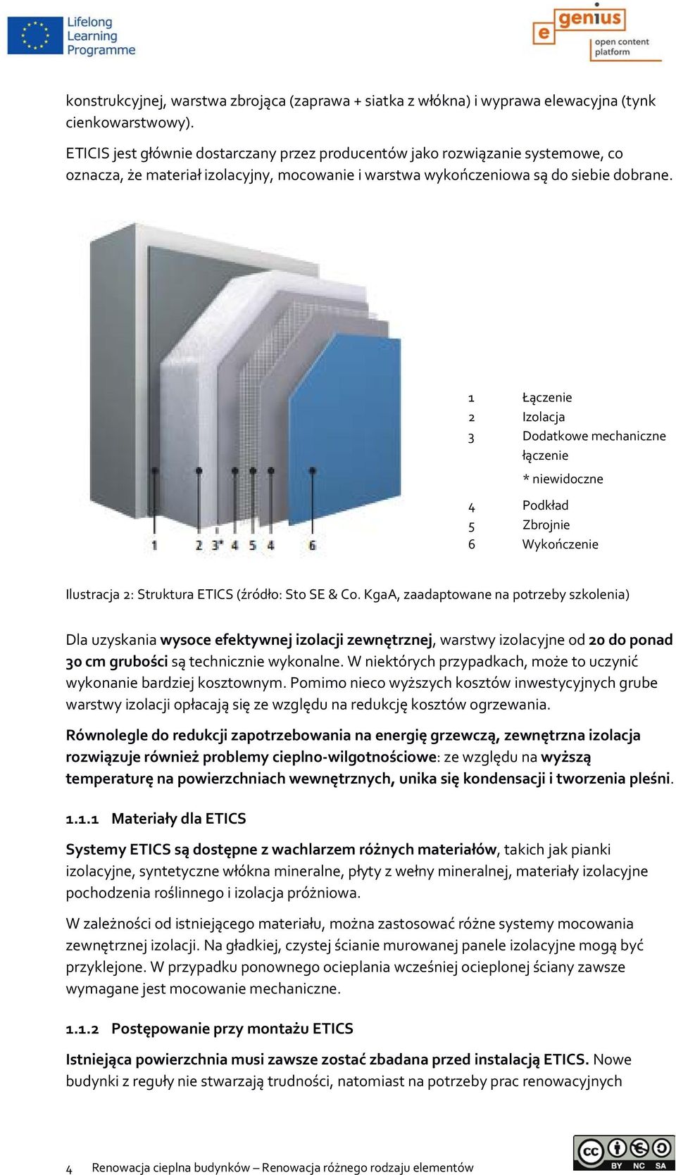 1 Łączenie 2 Izolacja 3 Dodatkowe mechaniczne łączenie * niewidoczne 4 Podkład 5 Zbrojnie 6 Wykończenie Ilustracja 2: Struktura ETICS (źródło: Sto SE & Co.
