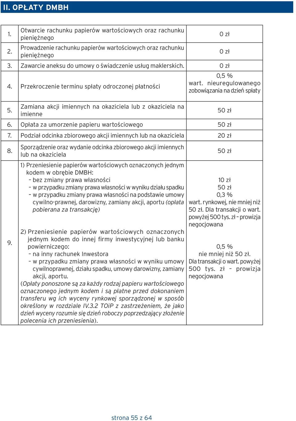 Zamiana akcji imiennych na okaziciela lub z okaziciela na imienne 0 zł 0 zł 0,5 % wart. nieuregulowanego zobowiązania na dzień spłaty 50 zł 6. Opłata za umorzenie papieru wartościowego 50 zł 7.