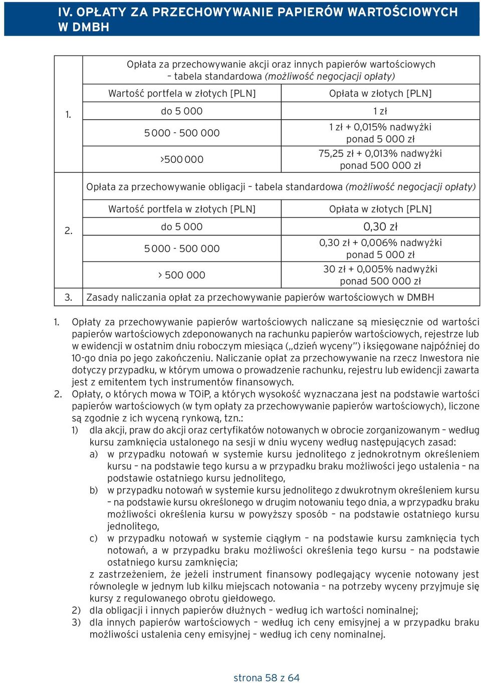 Opłata za przechowywanie obligacji tabela standardowa (możliwość negocjacji opłaty) Wartość portfela w złotych [PLN] do 5 000 5 000-500 000 > 500 000 Opłata w złotych [PLN] 0,30 zł 0,30 zł + 0,006%