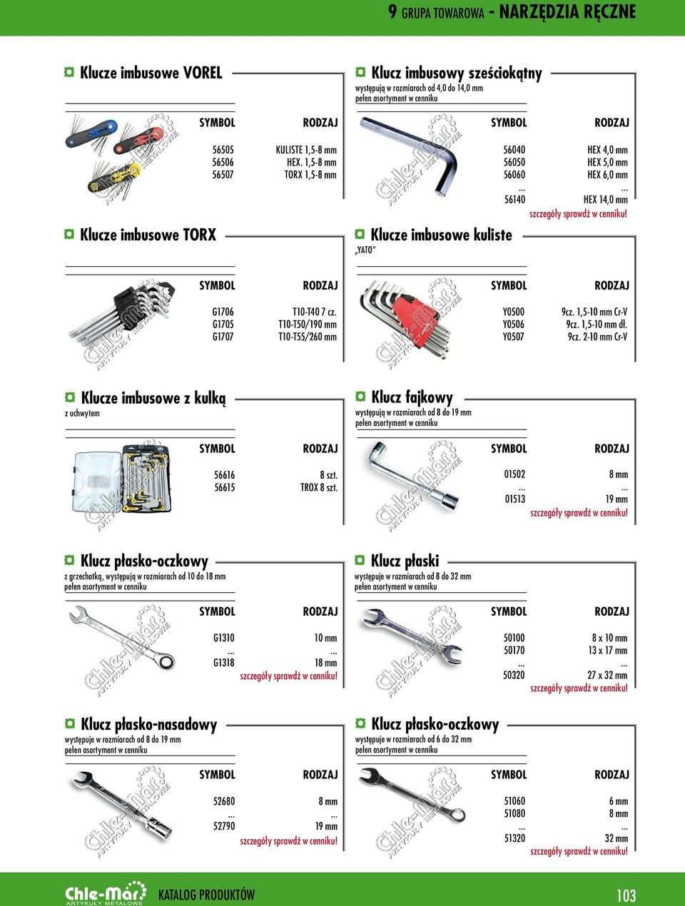 T10-T50/190 mm T10-T55/260 mm Y0500 Y0506 Y0507 9cz. 1,5-10 mm Cr-V 9cz. 1,5-10 mm dł. 9cz. 2-10 mm Cr-V Klucze imbusowe z kulką z uchwytem Klucz fajkowy występują w rozmiarach od 8 do 19 mm 56616 56615 8 szt.