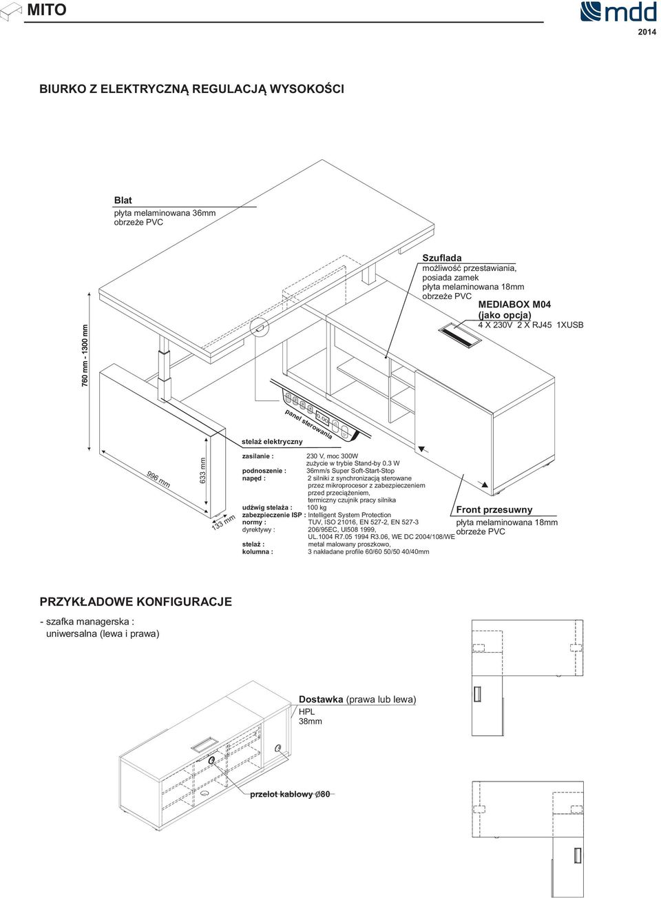 przez mikroprocesor z zabezpieczeniem przed przeciążeniem, termiczny czujnik pracy silnika udźwig stelaża : 100 kg zabezpieczenie ISP : Intelligent System Protection normy : TUV, ISO 21016, EN 527-2,