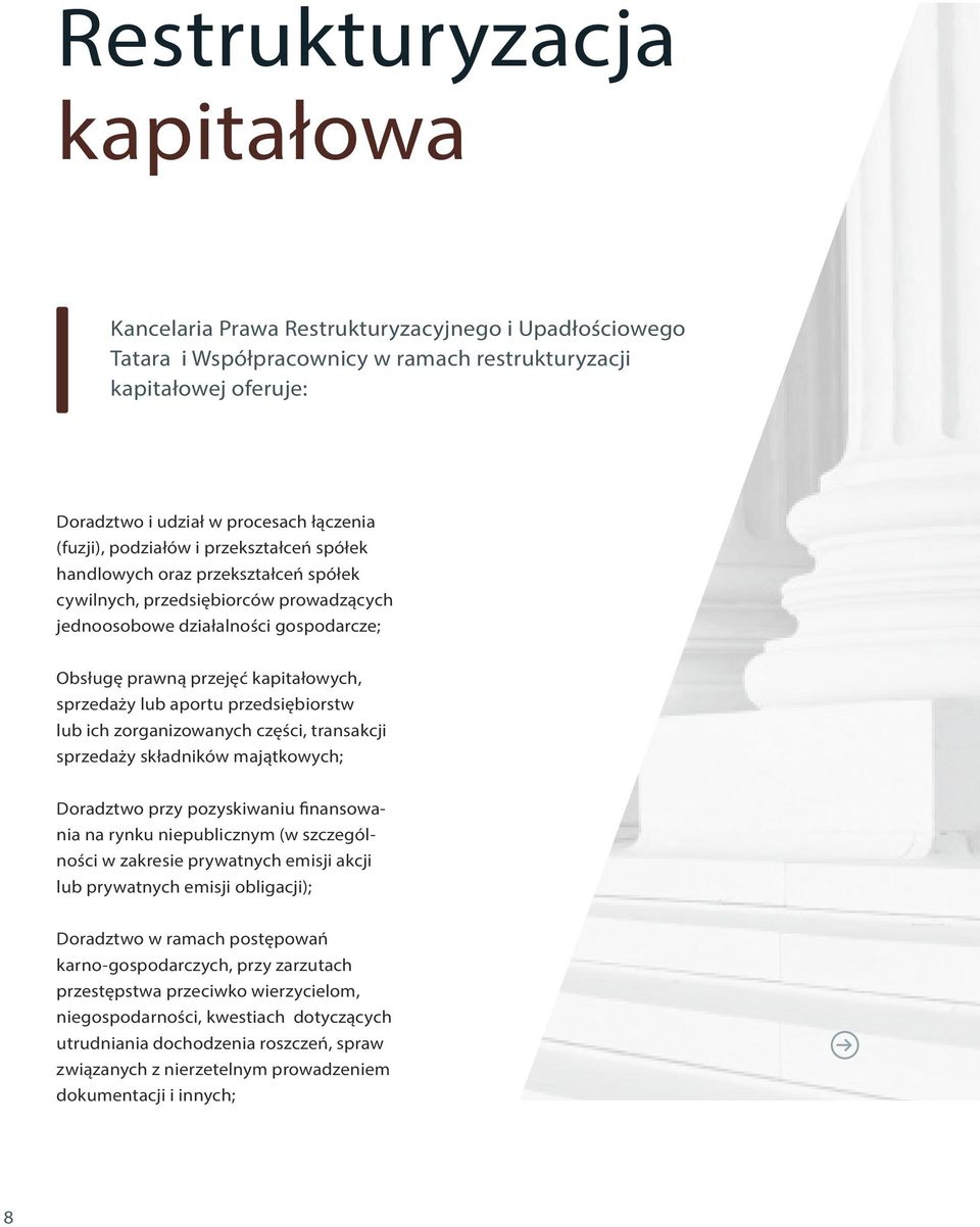 sprzedaży lub aportu przedsiębiorstw lub ich zorganizowanych części, transakcji sprzedaży składników majątkowych; Doradztwo przy pozyskiwaniu finansowania na rynku niepublicznym (w szczególności w