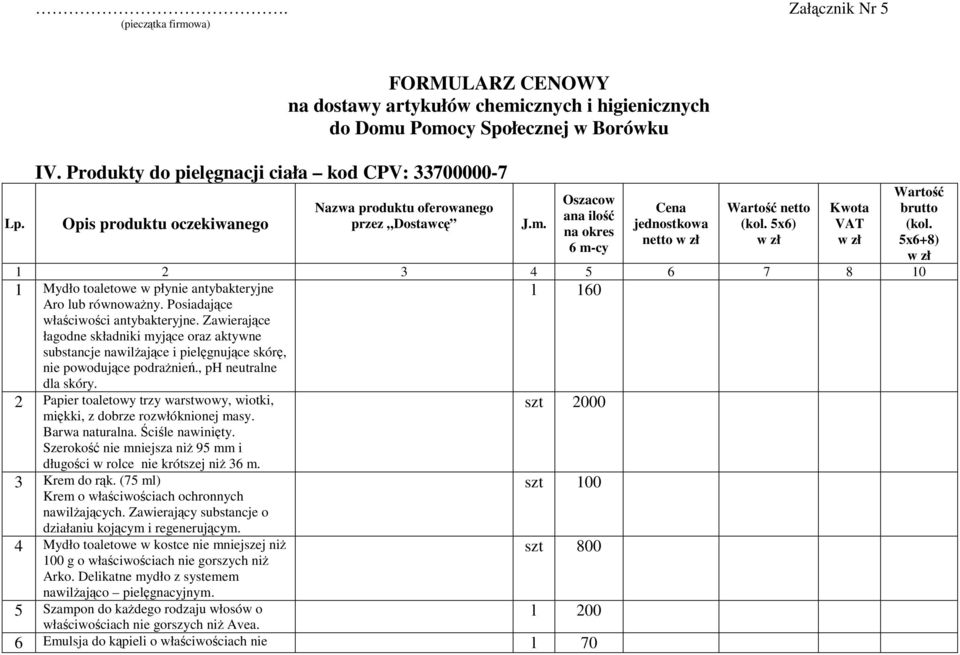 5x6) 1 2 3 4 5 6 7 8 10 1 Mydło toaletowe w płynie antybakteryjne Aro lub równowaŝny. Posiadające właściwości antybakteryjne.
